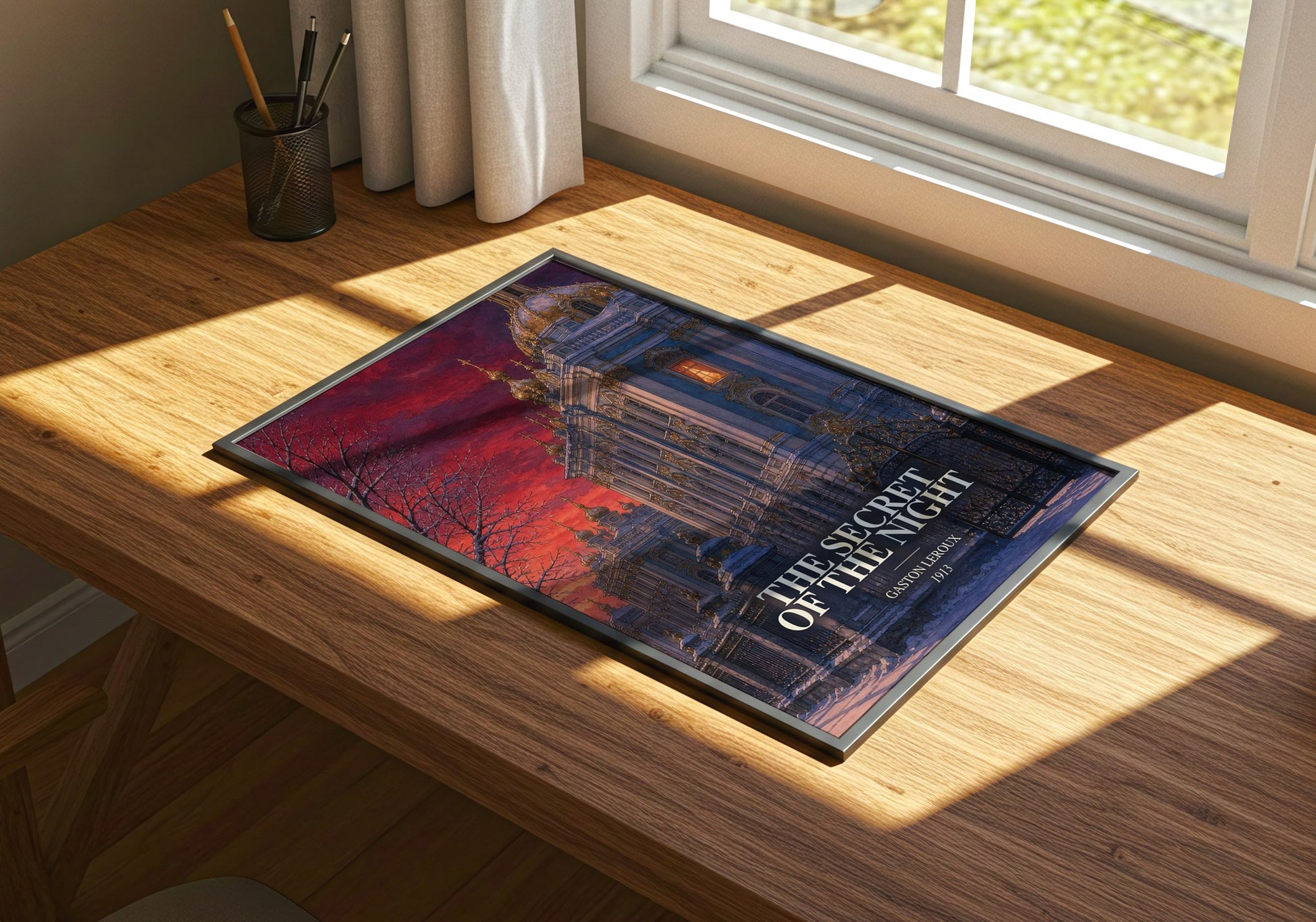 The Secret Of The Night watercolour book poster framed on wall – mystery wall art
