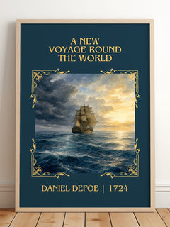A New Voyage Round The World Classic Book Art Print by Daniel Defoe – framed print leaning on a wooden floor