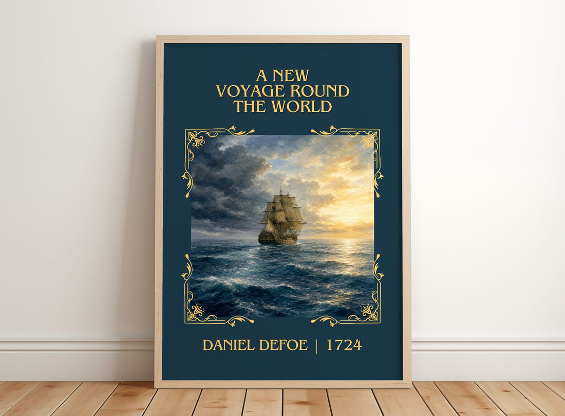 A New Voyage Round The World Classic Book Art Print by Daniel Defoe – framed print leaning on a wooden floor