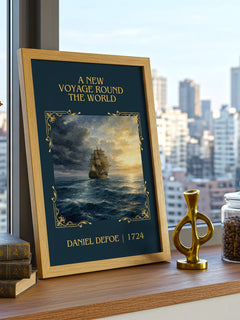 A New Voyage Round The World Classic Book Art Print by Daniel Defoe – framed print on a city-view windowsill
