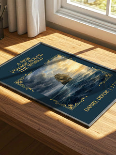 A New Voyage Round The World Classic Book Art Print by Daniel Defoe – print on a sunlit desk