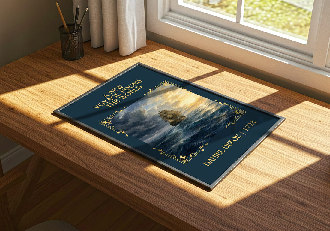 A New Voyage Round The World Classic Book Art Print by Daniel Defoe – print on a sunlit desk