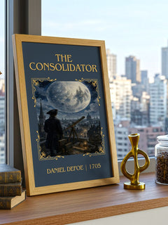 The Consolidator Classic Book Art Print by Daniel Defoe – framed print on a city-view windowsill