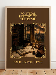 Political History Of The Devil Classic Book Art Print by Daniel Defoe – framed print leaning on a wooden floor