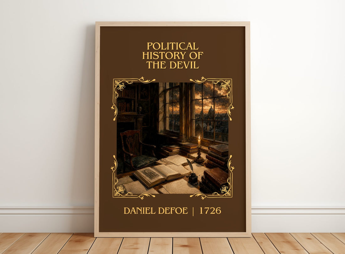 Political History Of The Devil Classic Book Art Print by Daniel Defoe – framed print leaning on a wooden floor