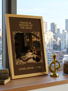 Political History Of The Devil Classic Book Art Print by Daniel Defoe – framed print on a city-view windowsill
