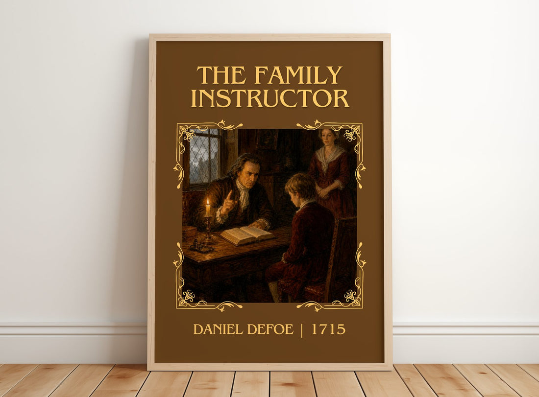 The Family Instructor Classic Book Art Print by Daniel Defoe – framed print leaning on a wooden floor