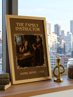 The Family Instructor Classic Book Art Print by Daniel Defoe – framed print on a city-view windowsill