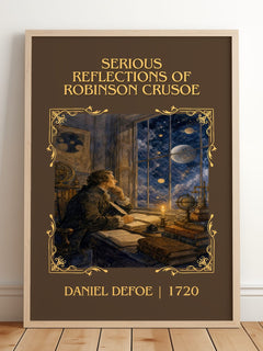 Serious Reflections Of Robinson Crusoe Classic Book Art Print – framed print leaning on a wooden floor