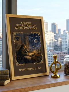 Serious Reflections Of Robinson Crusoe Classic Book Art Print – framed print on a city-view windowsill