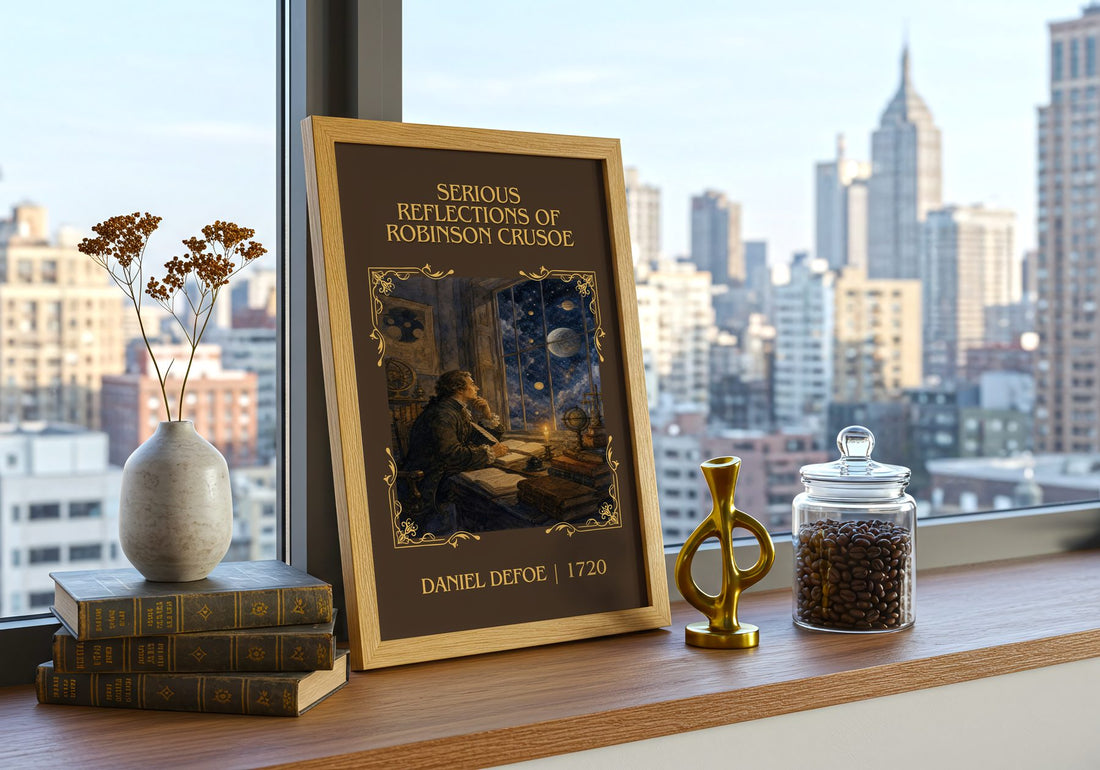 Serious Reflections Of Robinson Crusoe Classic Book Art Print – framed print on a city-view windowsill