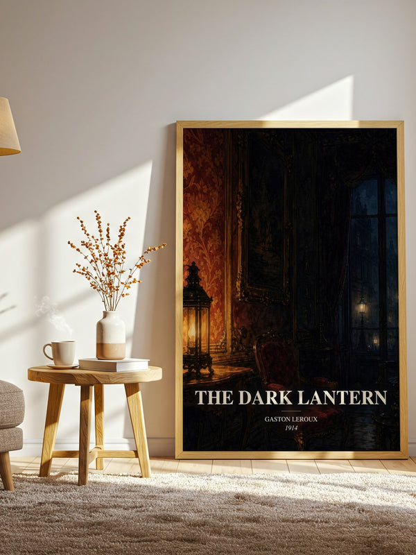 The Dark Lantern watercolour print in frame leaning in hallway – mystery wall art