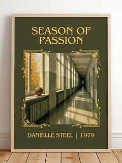 Season Of Passion Classic Book Art Print by Danielle Steel – framed print leaning on a wooden floor