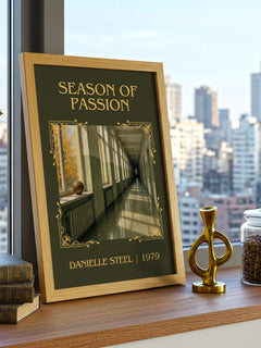 Season Of Passion Classic Book Art Print by Danielle Steel – framed print on a city-view windowsill