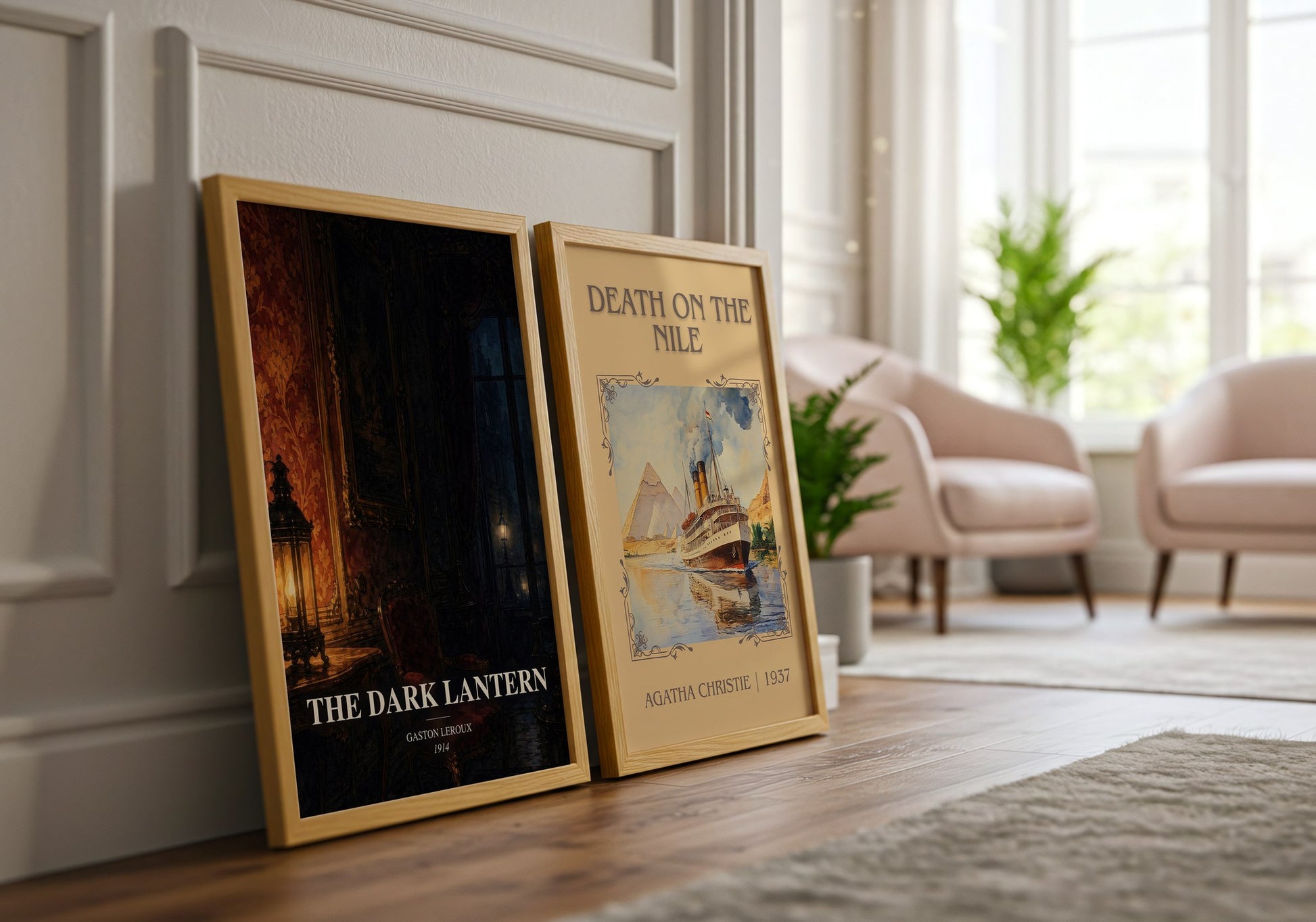 The Dark Lantern watercolour print framed by window – literary home decor