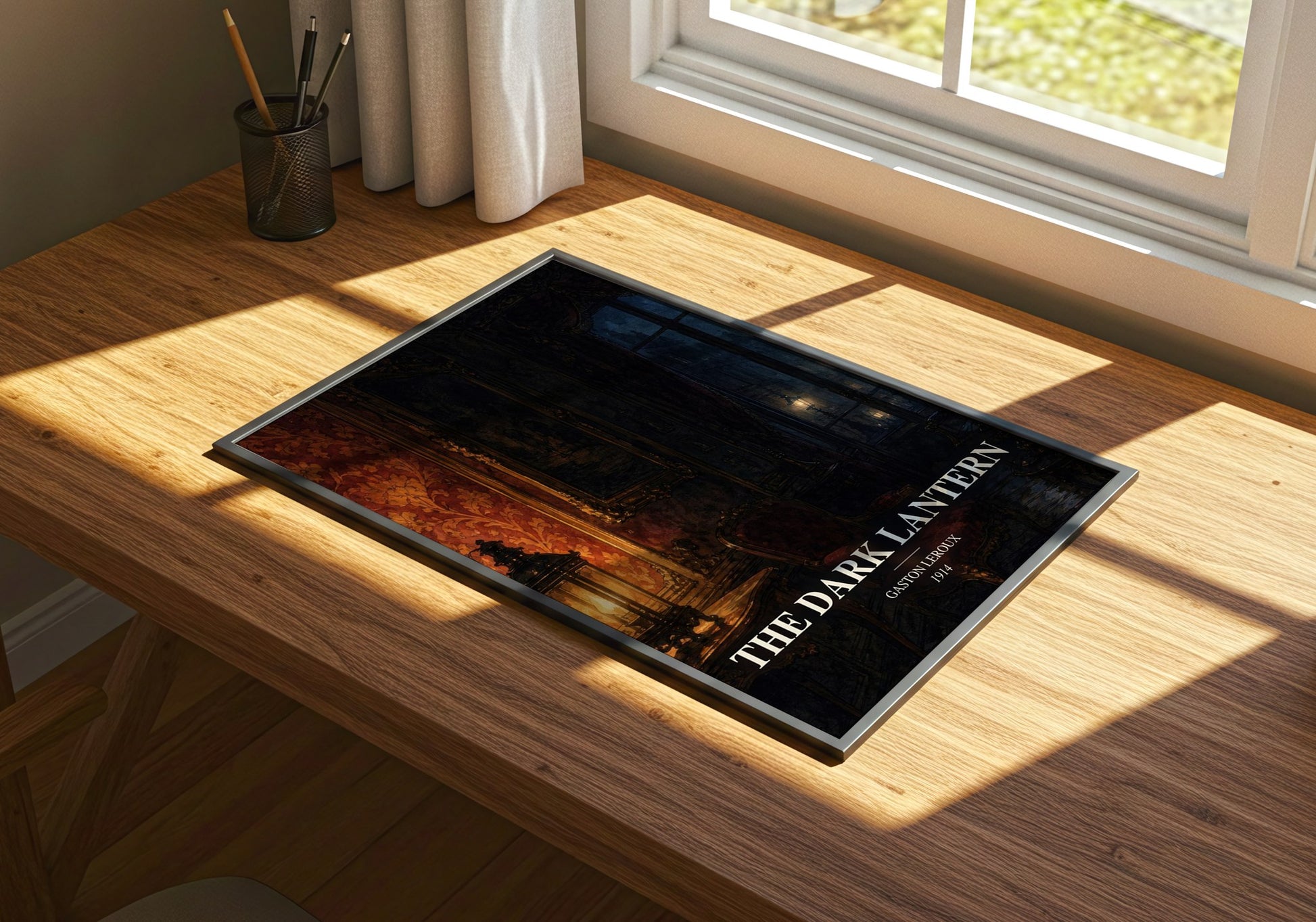 The Dark Lantern watercolour book poster framed on wall – mystery wall art