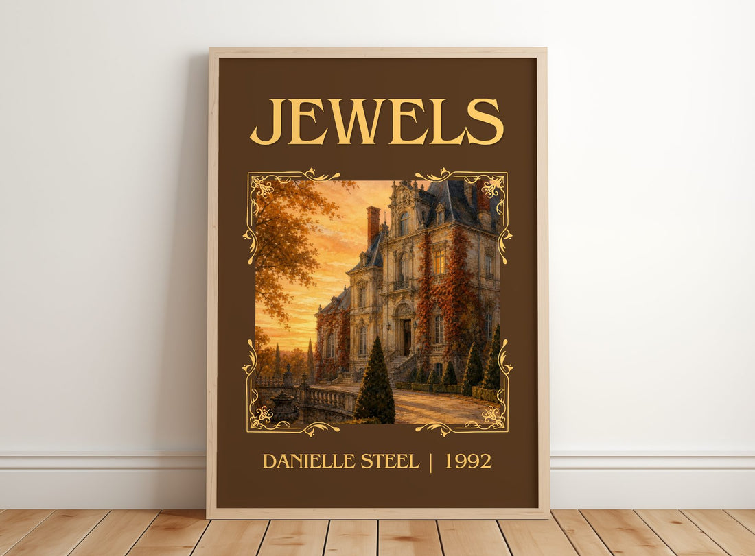 Jewels Classic Book Art Print by Danielle Steel – framed print leaning on a wooden floor