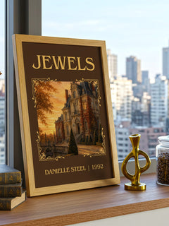 Jewels Classic Book Art Print by Danielle Steel – framed print on a city-view windowsill
