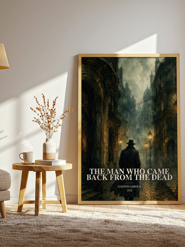 The Man Who Came Back From The Dead watercolour print in frame leaning in hallway – mystery wall art
