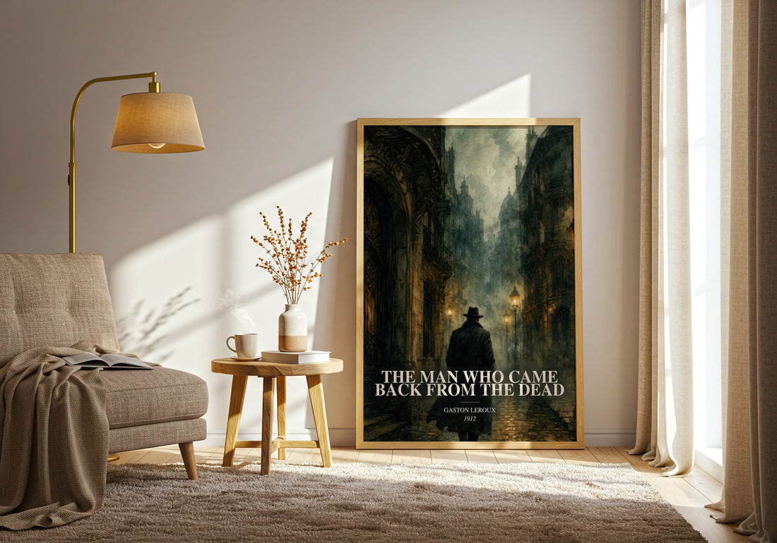 The Man Who Came Back From The Dead watercolour print in frame leaning in hallway – mystery wall art (mockup)