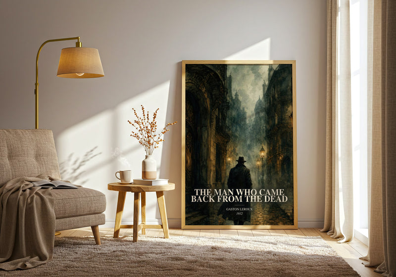 The Man Who Came Back From The Dead watercolour print in frame leaning in hallway – mystery wall art