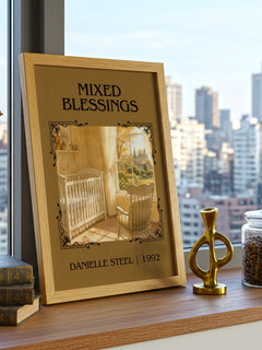 Mixed Blessings Classic Book Art Print by Danielle Steel – framed print on a city-view windowsill