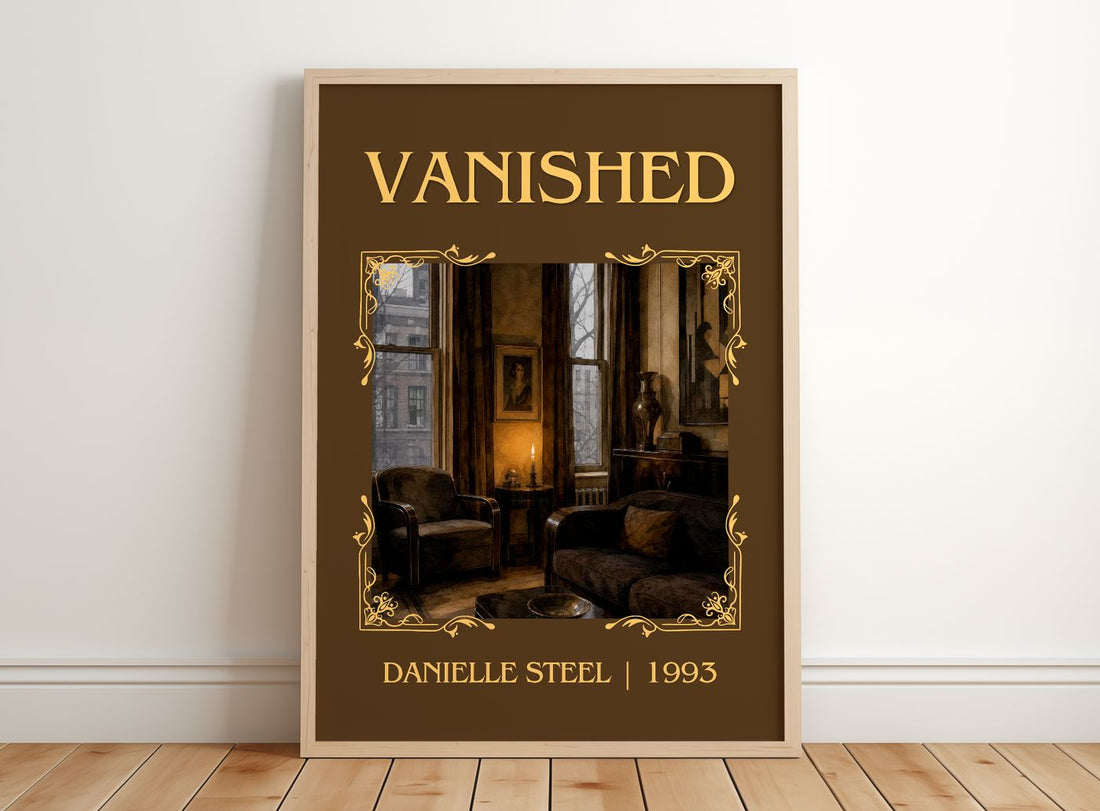 Vanished Classic Book Art Print by Danielle Steel – framed print leaning on a wooden floor