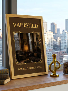 Vanished Classic Book Art Print by Danielle Steel – framed print on a city-view windowsill