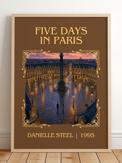 Five Days In Paris Classic Book Art Print by Danielle Steel – framed print leaning on a wooden floor