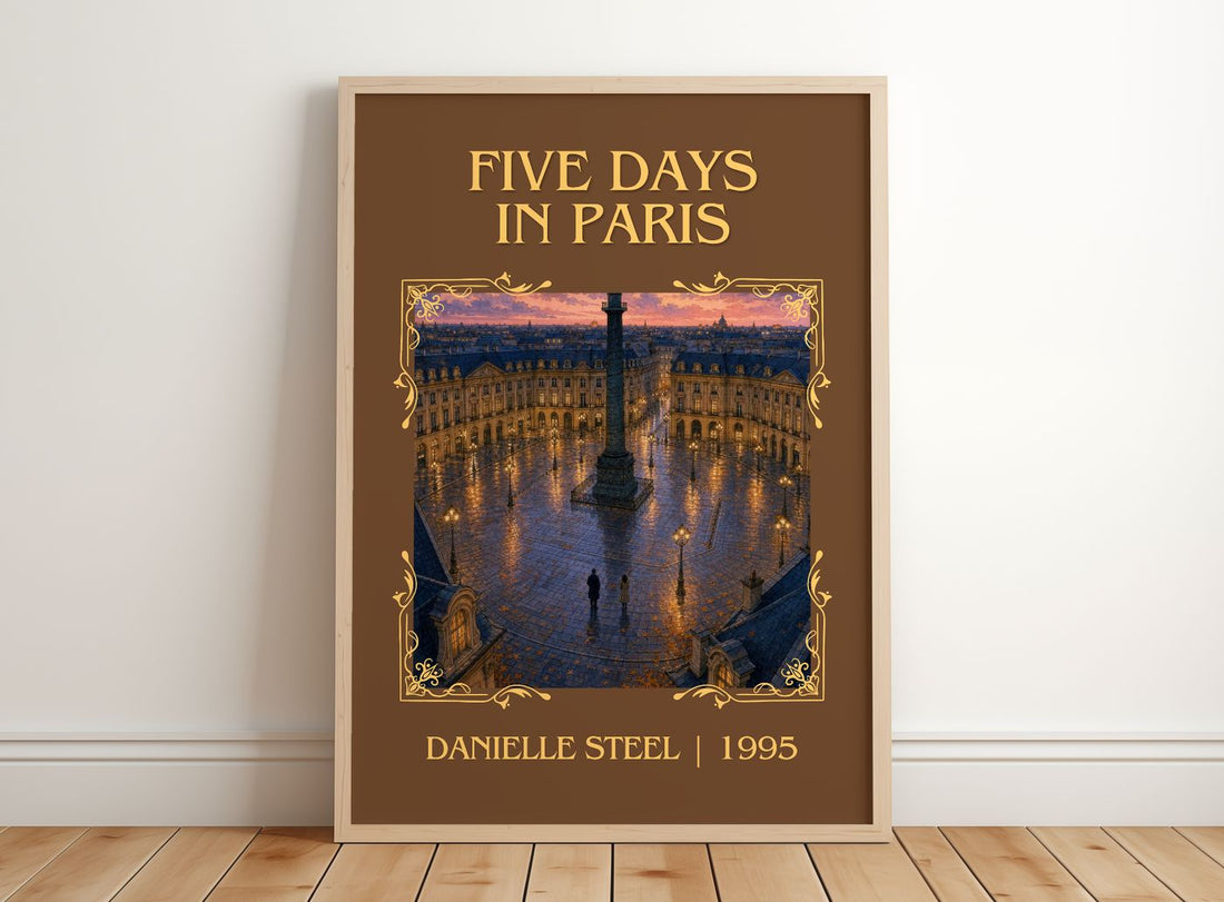 Five Days In Paris Classic Book Art Print by Danielle Steel – framed print leaning on a wooden floor