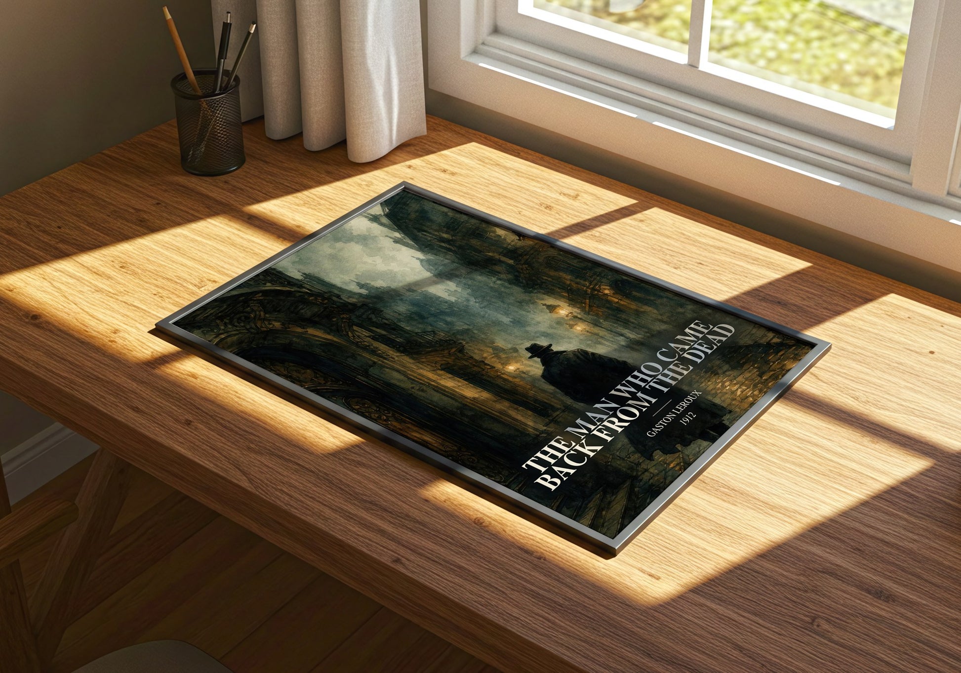 The Man Who Came Back From The Dead watercolour book poster framed on wall – mystery wall art