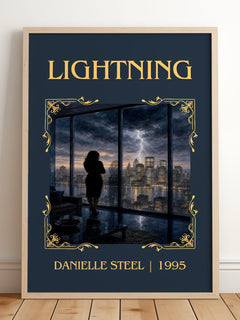 Lightning Classic Book Art Print by Danielle Steel – framed print leaning on a wooden floor