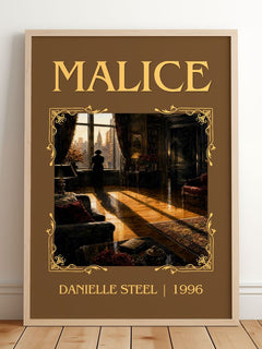 Malice Classic Book Art Print by Danielle Steel – framed print leaning on a wooden floor