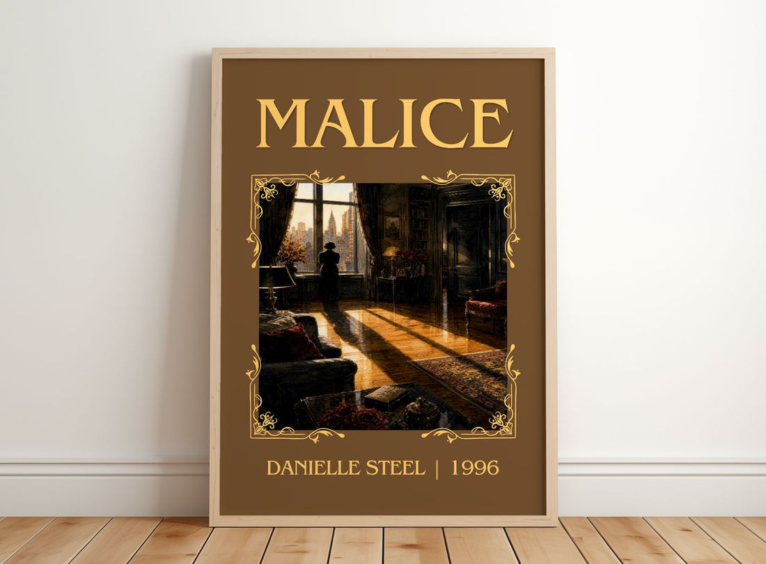 Malice Classic Book Art Print by Danielle Steel – framed print leaning on a wooden floor