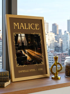 Malice Classic Book Art Print by Danielle Steel – framed print on a city-view windowsill