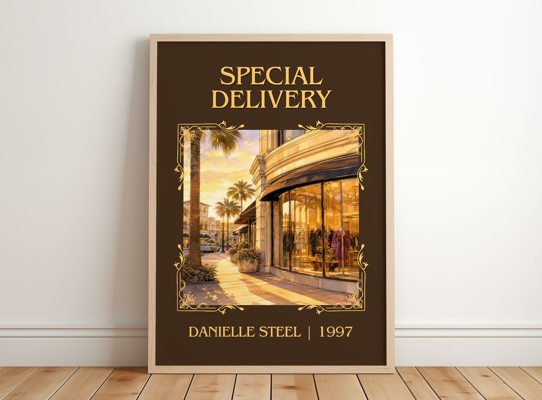 Special Delivery Classic Book Art Print by Danielle Steel – framed print leaning on a wooden floor