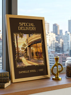 Special Delivery Classic Book Art Print by Danielle Steel – framed print on a city-view windowsill