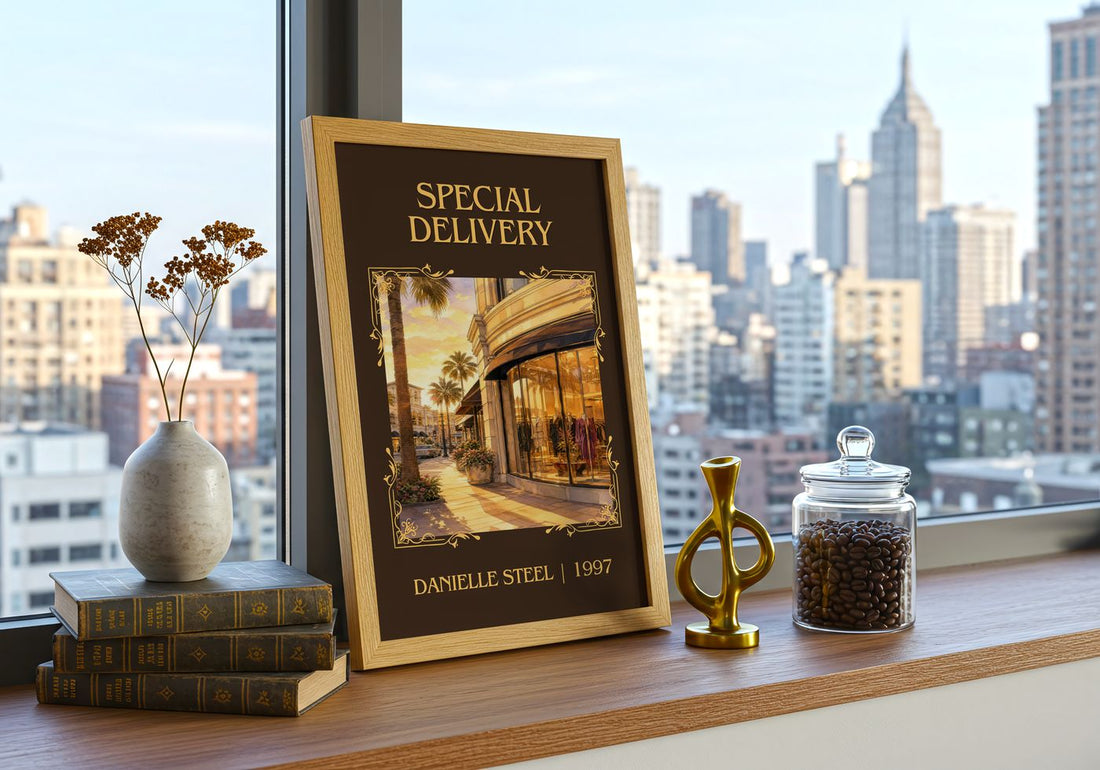 Special Delivery Classic Book Art Print by Danielle Steel – framed print on a city-view windowsill