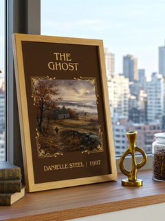The Ghost Classic Book Art Print by Danielle Steel – framed print on a city-view windowsill