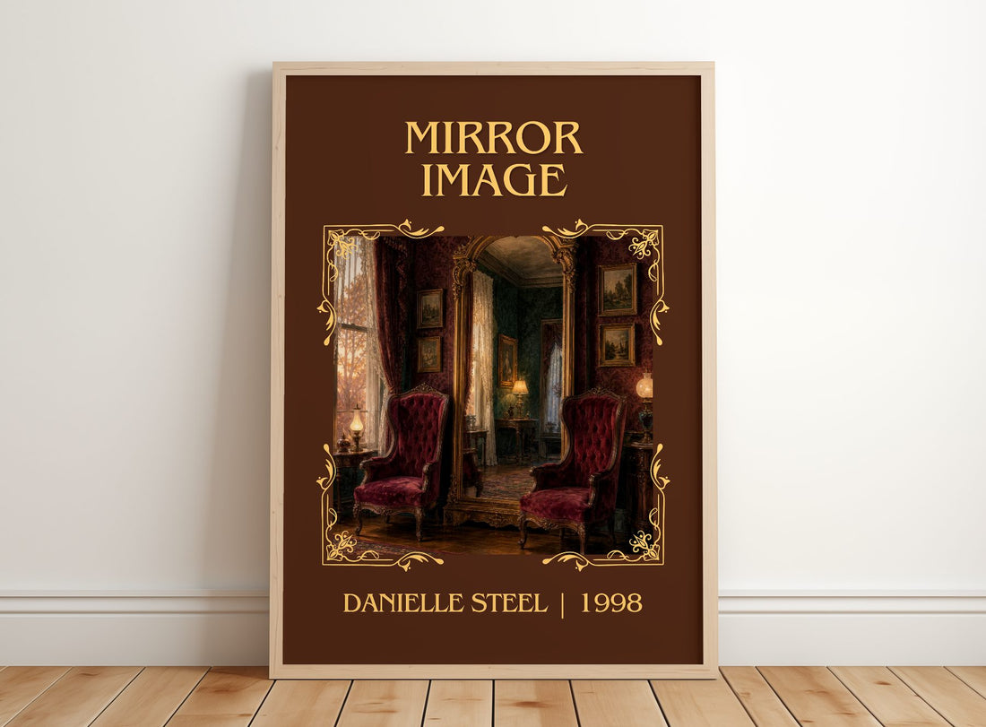 Mirror Image Classic Book Art Print by Danielle Steel – framed print leaning on a wooden floor