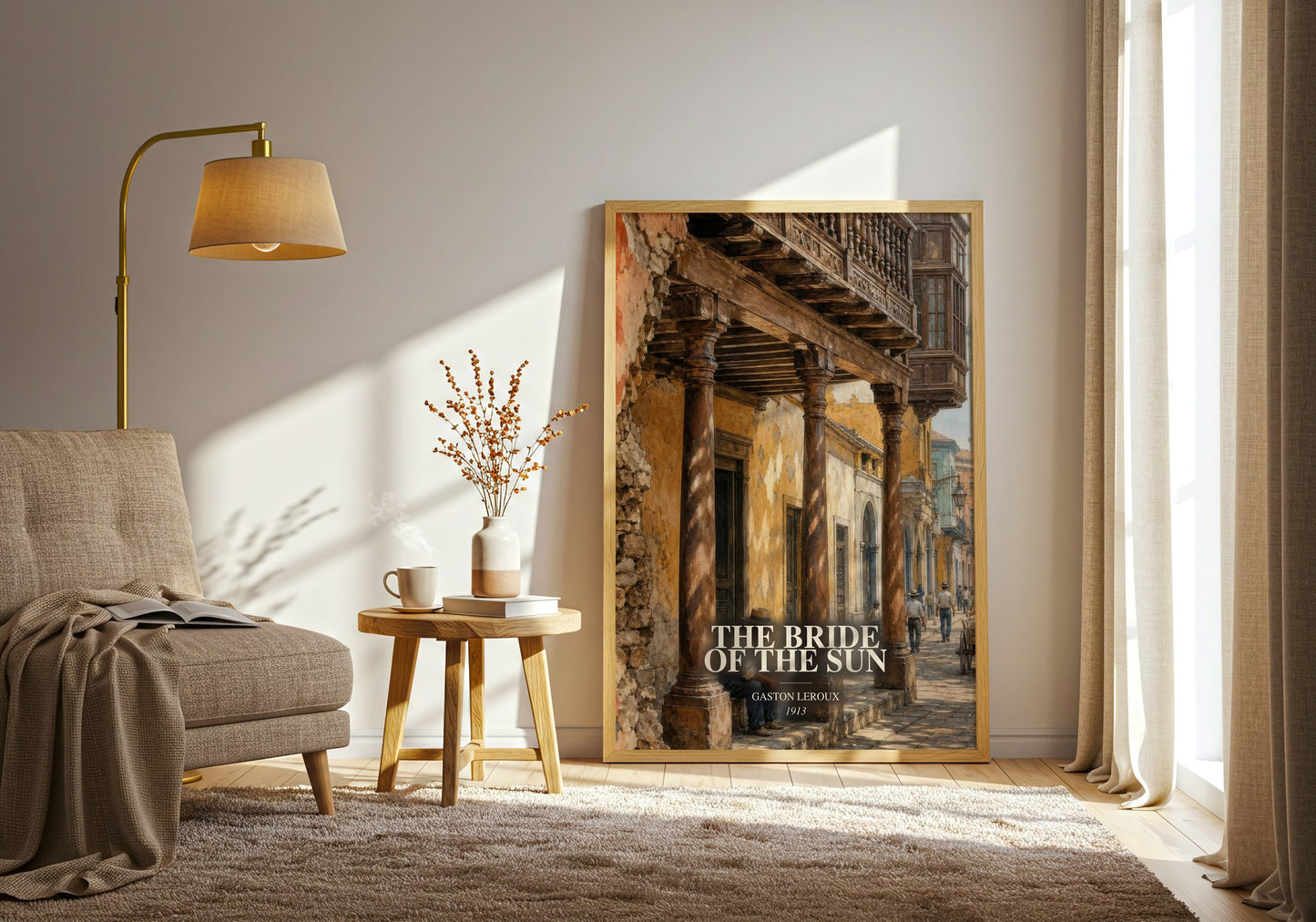 The Bride Of The Sun watercolour print in frame leaning in hallway – adventure wall art