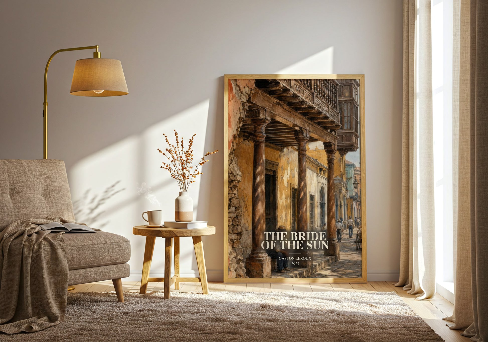 The Bride Of The Sun watercolour print in frame leaning in hallway – adventure wall art