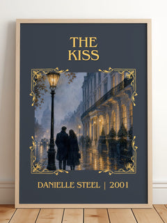 The Kiss Classic Book Art Print by Danielle Steel – framed print leaning on a wooden floor