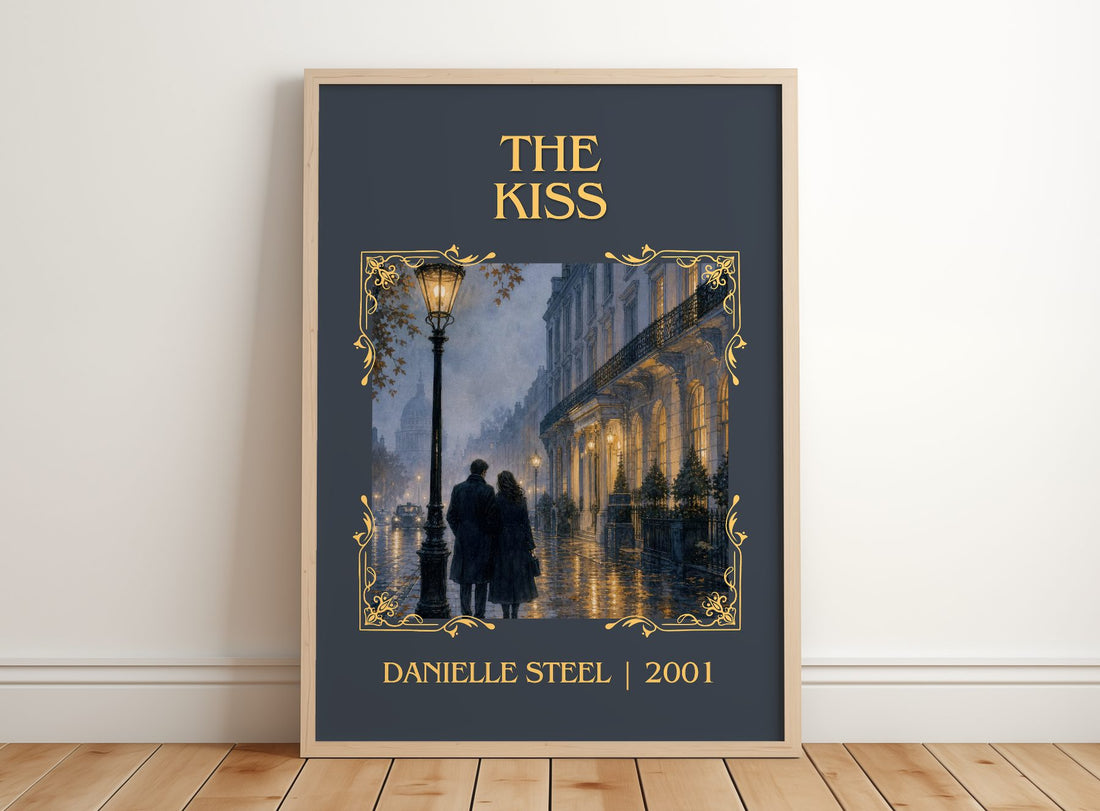 The Kiss Classic Book Art Print by Danielle Steel – framed print leaning on a wooden floor