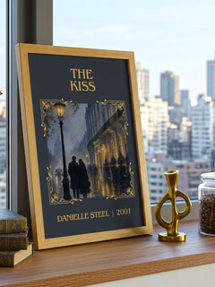 The Kiss Classic Book Art Print by Danielle Steel – framed print on a city-view windowsill