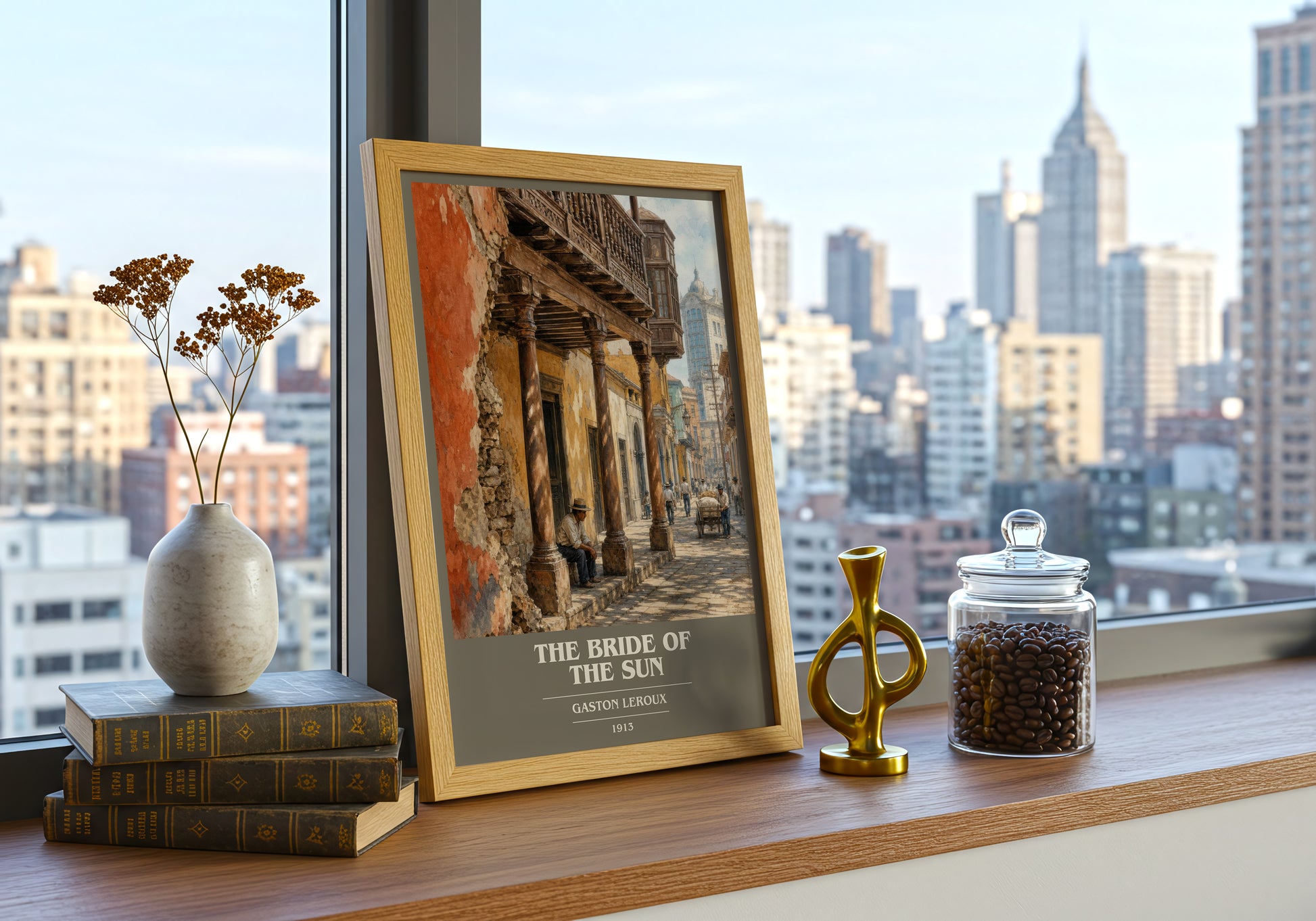 The Bride Of The Sun book cover print framed by window – literary home decor