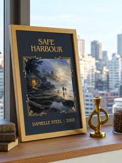 Safe Harbour Classic Book Art Print by Danielle Steel – framed print on a city-view windowsill