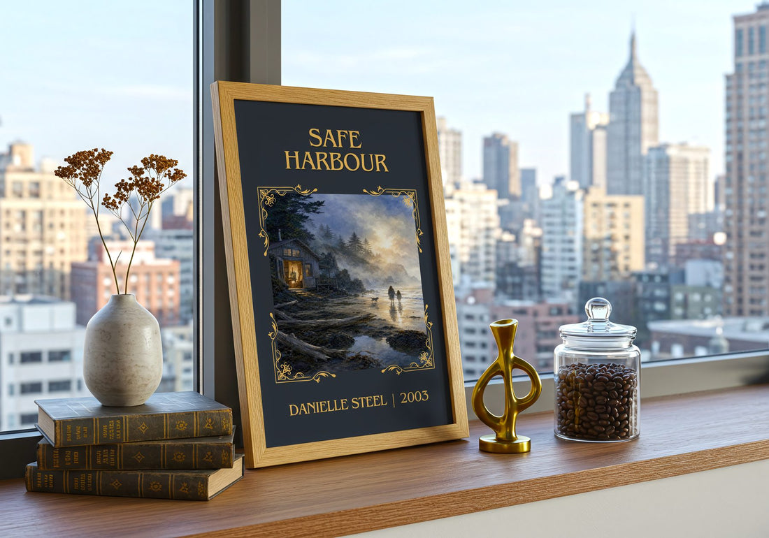 Safe Harbour Classic Book Art Print by Danielle Steel – framed print on a city-view windowsill