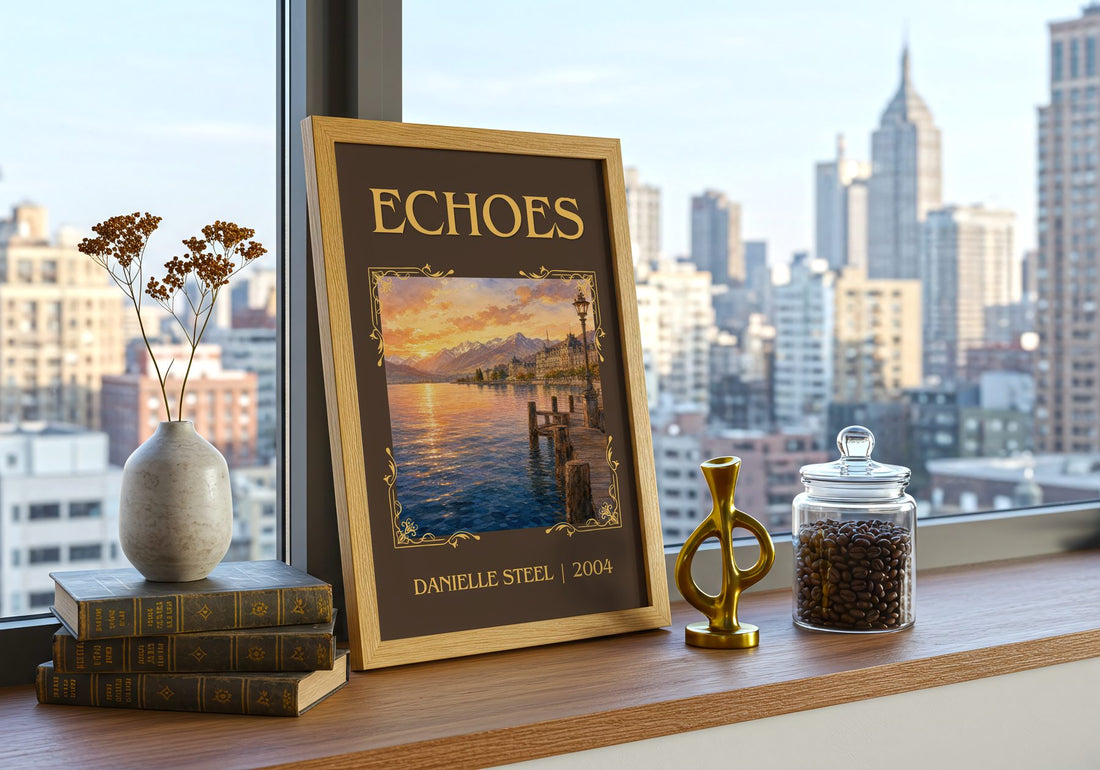 Echoes Classic Book Art Print by Danielle Steel – framed print on a city-view windowsill