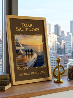 Toxic Bachelors Classic Book Art Print by Danielle Steel – framed print on a city-view windowsill
